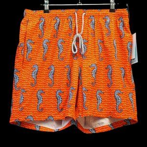 Rainforest Spicy Orange with Blue Seahorses Swim Trunk Shorts Men’s Medium